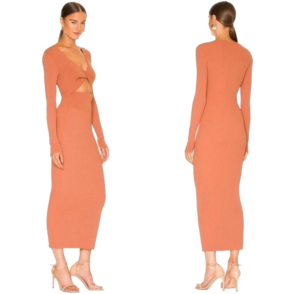 NWT A.L.C. Women's Midi Dress Size XL Orange Knit V-Neck Long Sleeve Cut-Out ALC
